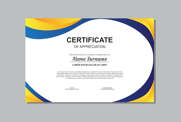 Certificate template design in yellow and blue colors