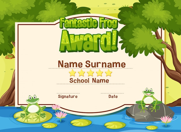 Certificate template for fantastic award with frogs in the pond