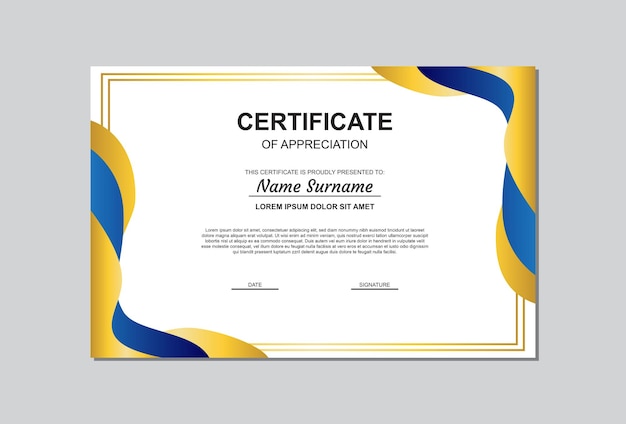 Certificate template in gold and blue color with modern style