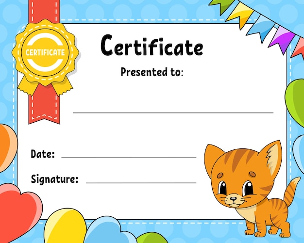 Vector certificate template for kids colorful school and preschool diploma with cute character vector illustration