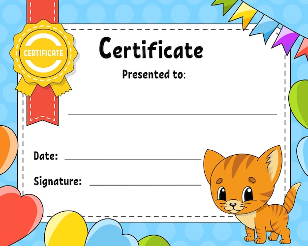 Certificate template for kids Colorful school and preschool diploma With cute character