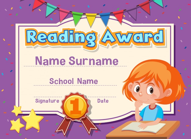 Certificate template for reading award with girl reading