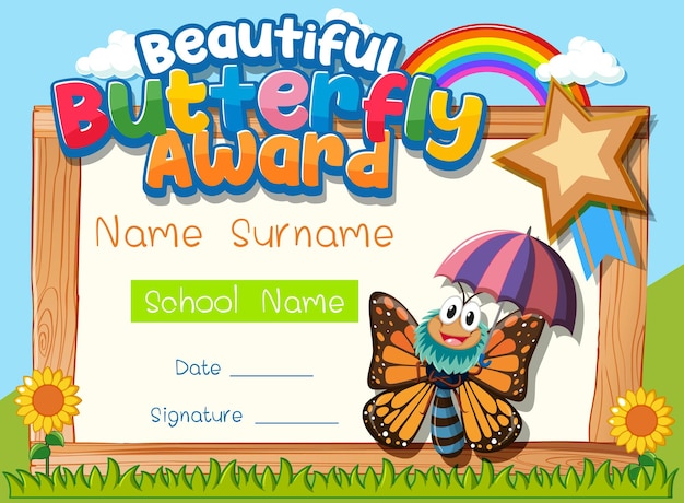 Vector certificate template with beautiful butterfly award