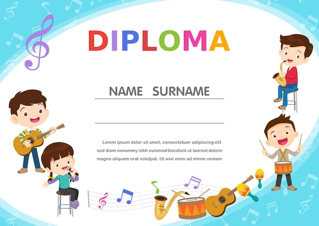 Certificate template with kids in the band