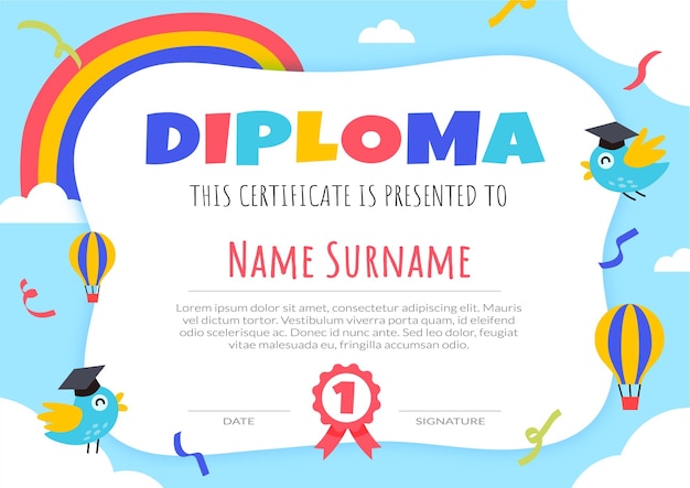 Certificates kindergarten and elementary preschool kids diploma with happy birds in the sky