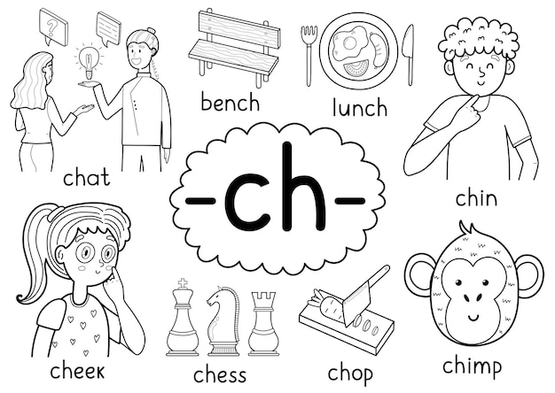 Ch digraph spelling rule black and white educational poster set for kids Learning phonics