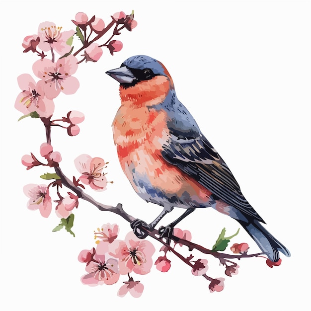 Chaffinch Floral Handdrawn Watercolor Illustration