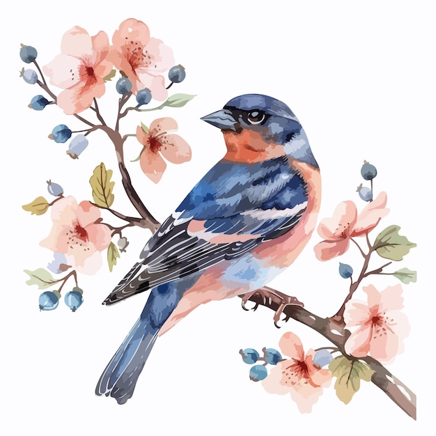 Chaffinch Floral Handdrawn Watercolor Illustration