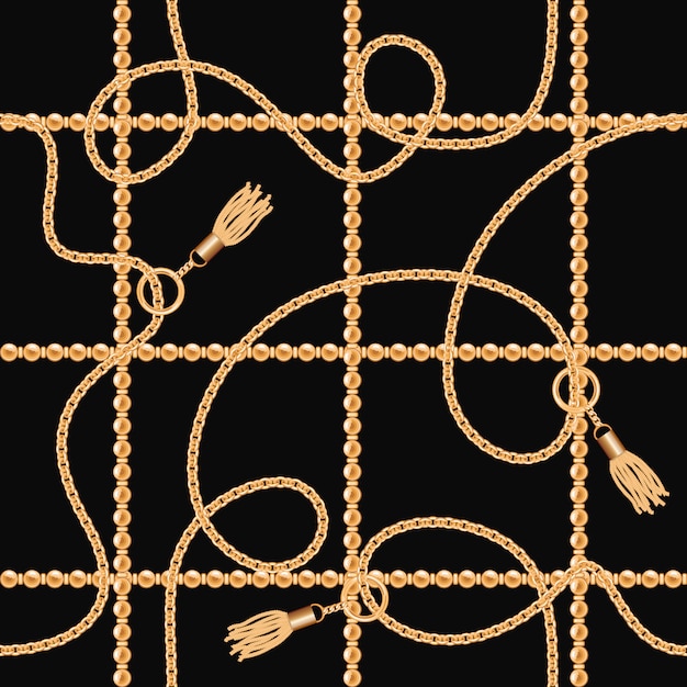 Chains with tassels seamless pattern on black background.