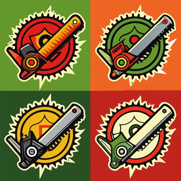 ChainsawThemed Badge Logos in Four Color Variations Forestry Medical and Industrial Icons