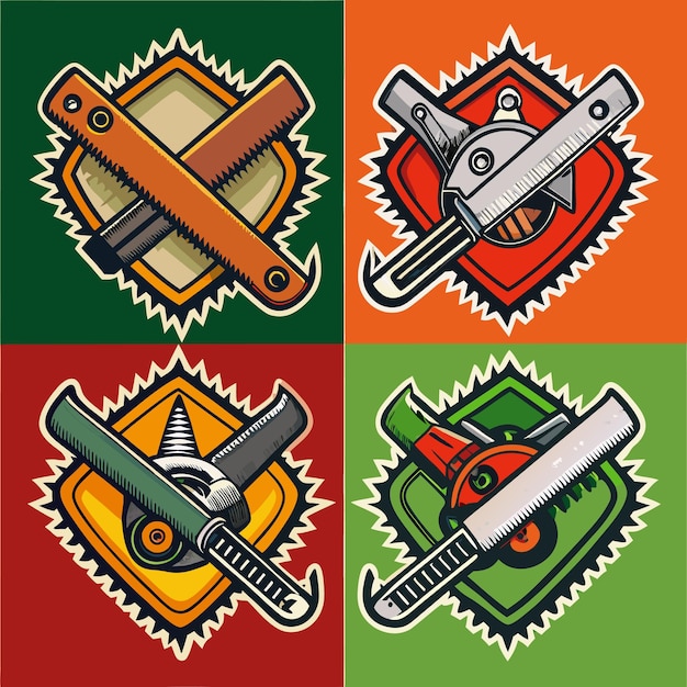 Vector chainsawthemed badge logos in four color variations forestry medical and industrial icons