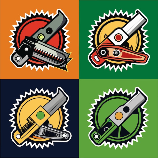 Vector chainsawthemed badge logos in four color variations forestry medical and industrial icons