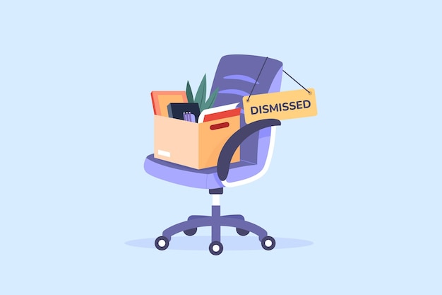 Chair dismissed employee Quitting job worker box of fired businessman leaving office resign job dismiss work person unemployment layoff people lost employment vector illustration