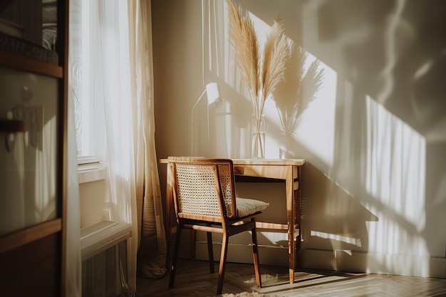 Vector a chair is in front of a desk with a plant in the corner