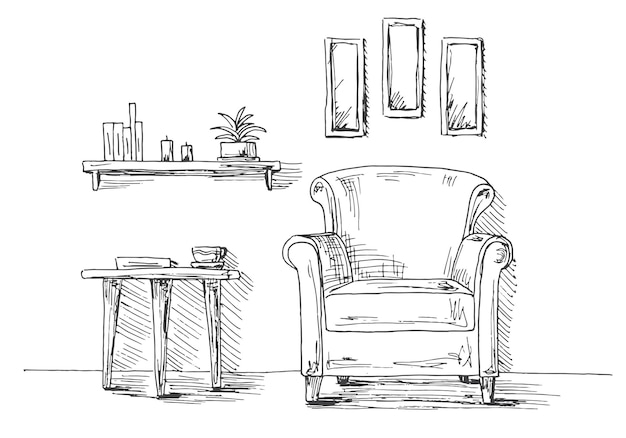 Chair table with mug Two lowsuspended lamps above the table Shelf with books and plants Hand drawn vector illustration