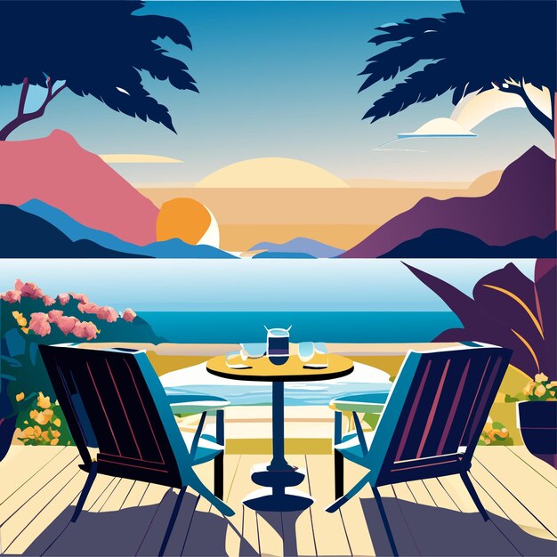 Vector chairs and cocktail on terrace by sea or lake with mountains in horizon summer beach vacation landsc