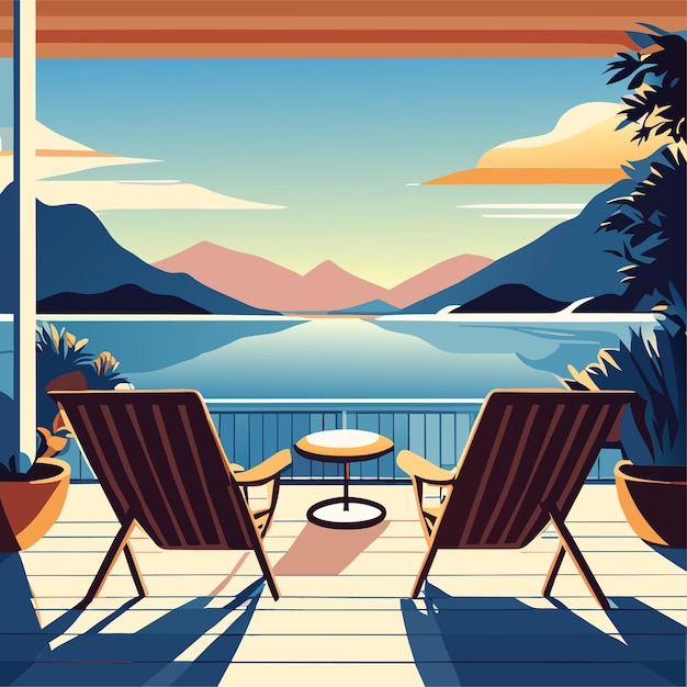 chairs and cocktail on terrace by sea or lake with mountains in horizon summer beach vacation landsc