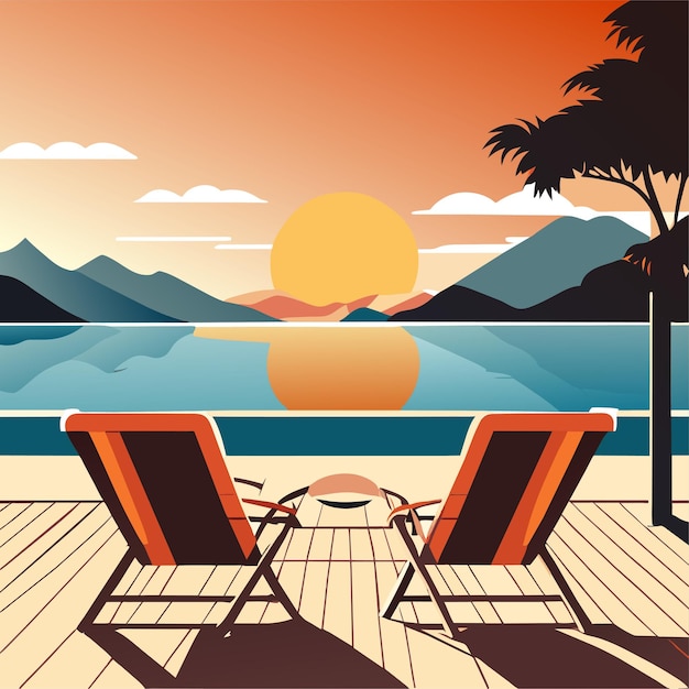 chairs and cocktail on terrace by sea or lake with mountains in horizon summer beach vacation landsc