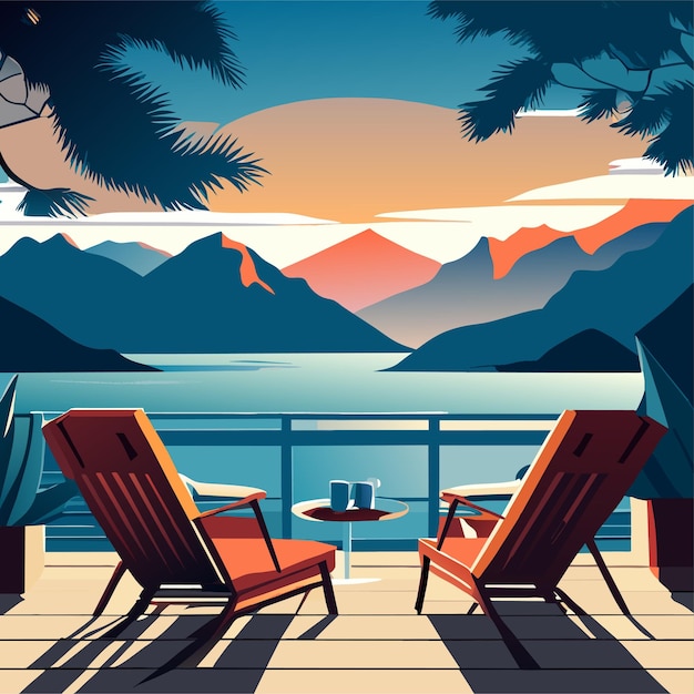 Vector chairs and cocktail on terrace by sea or lake with mountains in horizon summer beach vacation landsc