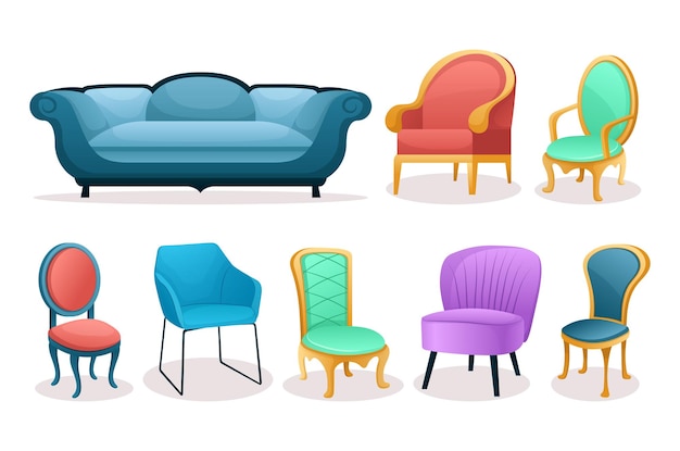 Chairs set This is a set of flat and cartoon style illustrations of chairs Chair