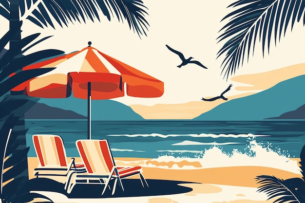 Vector chairs and umbrella on beach