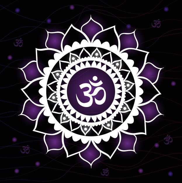 Vector chakra sahasrara with om symbols on black background mandala vector illustration for yoga