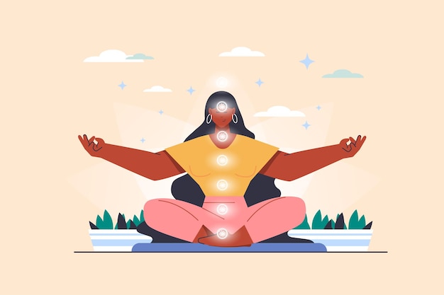 Chakras concept with people scene in flat design Woman sits in lotus position and meditates opens spiritual chakras and energy centers in body Vector illustration with character situation for web