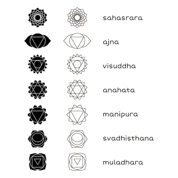 Vector chakras icons black and white