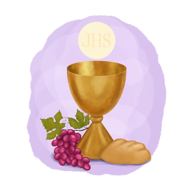 Chalice host bread and grapes First communion greeting card