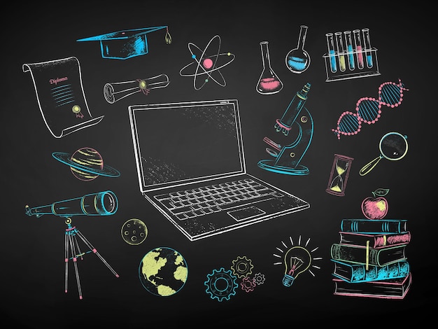 Chalk drawn education items on chalkboard background