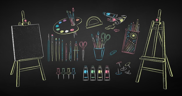 Vector chalk drawn set of art students supplies