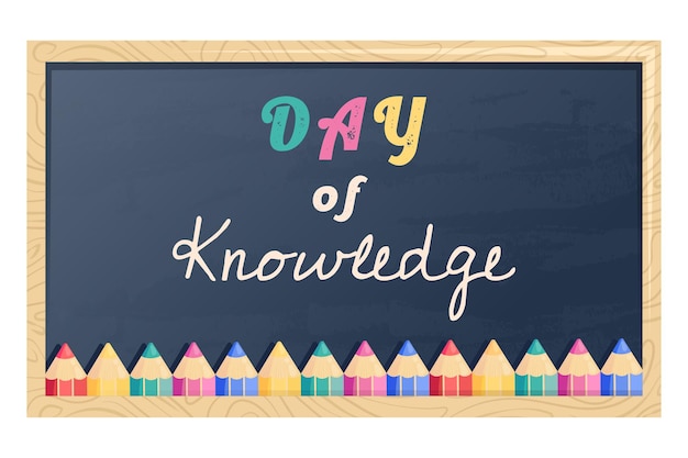 Chalkboard banner with colorful text written with calligraphic font color pencils Back to school background for 1st of September Education knowledge study school concept Vector cartoon illustration