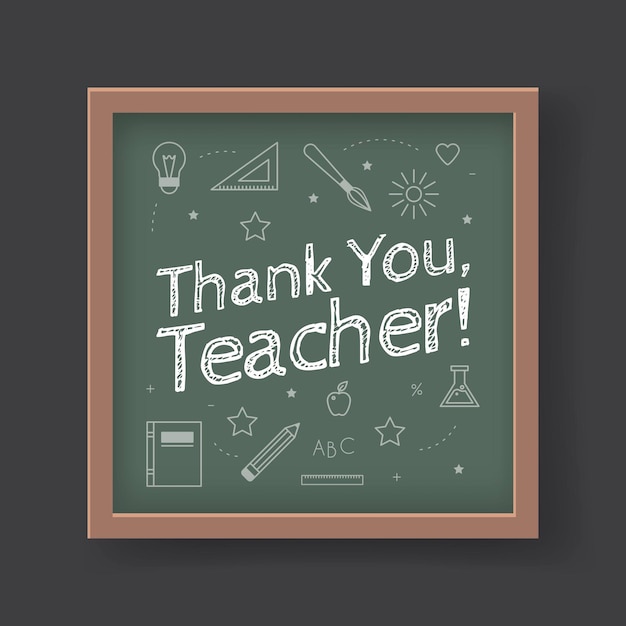 A chalkboard with the text Thank you teacher written in it. Greeting card for World teacher's day concept.