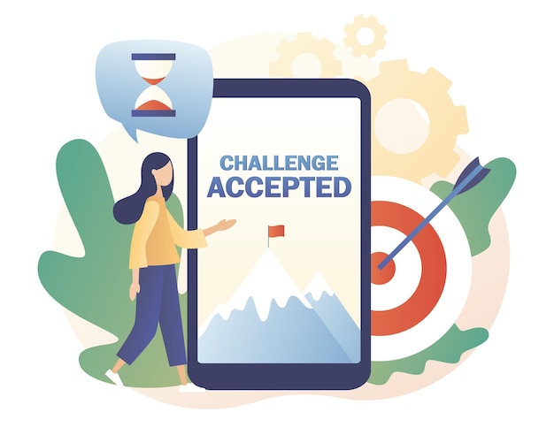 Challenge Accepted big text and flag on the mountain peak on screen smartphone Tiny girl for way