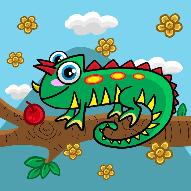 CHAMELEON HANGING ON TREE FIND AN APPLE CARTOON