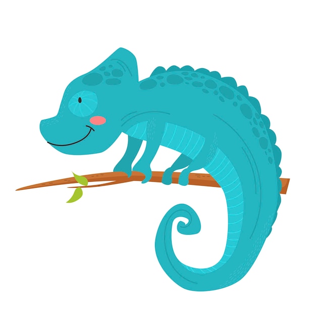 Chameleon reptile sitting on branch of tree vector cartoon character Cartoon chameleon animal in camouflage jungle tropical lizard and exotic pet symbol of zoology park or wildlife nature