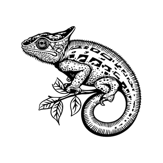 Vector chameleon woodcut style drawing vector illustration