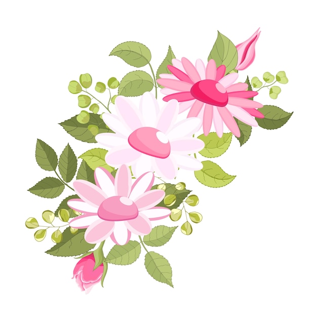 Chamomile elegant card Beautiful bouquet of pink flowers and leaves Floral arrangement