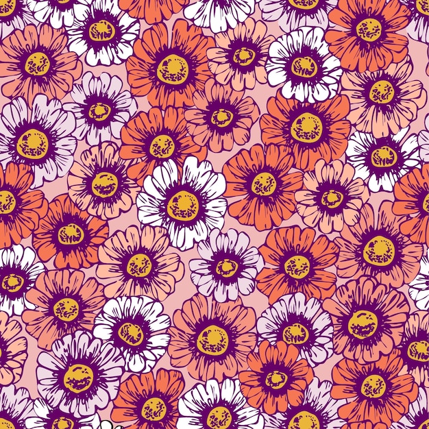 Chamomile hand draw flowers and petals line art seamless pattern Summer flowers pattern