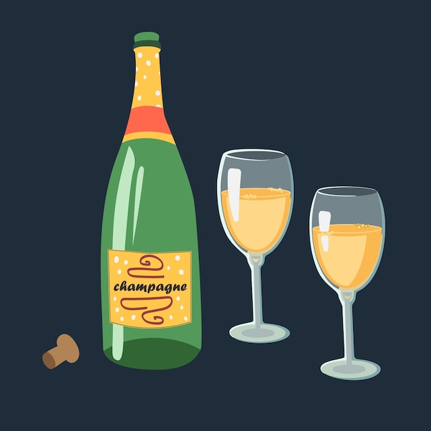 Champagne bottle and glasses Cartoon flat style Vector illustration