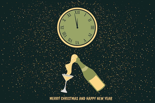 Champagne bottle and watch Happy New Year greeting card