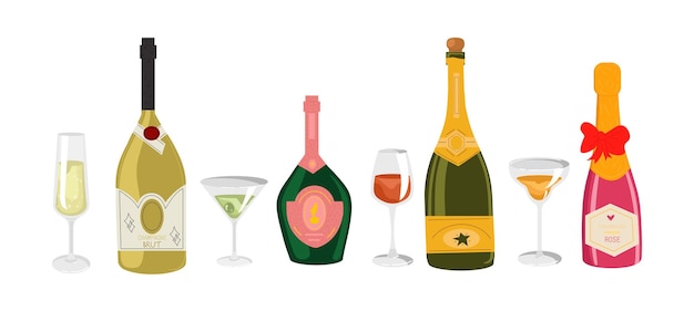 Champagne bottles with glasses set