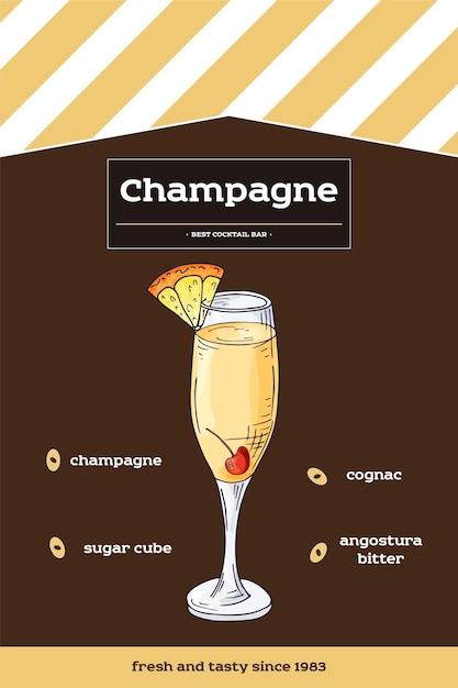 Champagne cocktail recipe with ingredients Hand drawn illustration in sketch style Vector collection