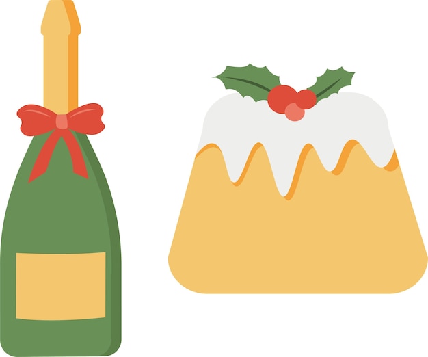 Champagne in green bottle and Christmas holiday cake Sparkling wine and pastry vector illustration