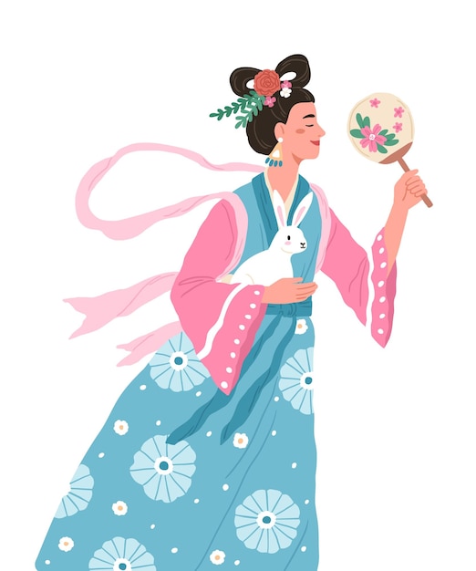 Chang'e, Asian Moon goddess of mid-autumn festival. Chinese fairy woman with rabbit and flowers. Fairytale dreamy Heng'e with bunny. Flat vector illustration isolated on white background.