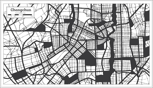 Changchun China City Map in Black and White Color in Retro Style Outline Map