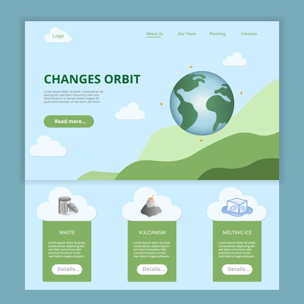 Changes orbit flat landing page website template waste vulcanism melting ice web banner with header