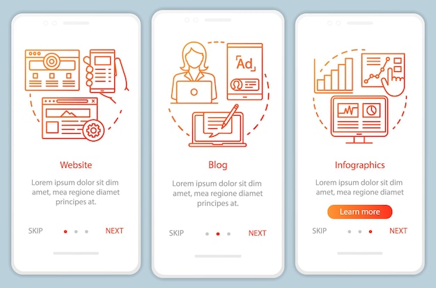 Channels for SEO orange onboarding mobile app page screen vector template Marketing Blog website walkthrough website steps with linear illustrations UX UI GUI smartphone interface concept