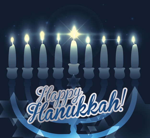 Vector chanukiah with blue background and bokeh effect with david's star shape and sign of happy hanukkah