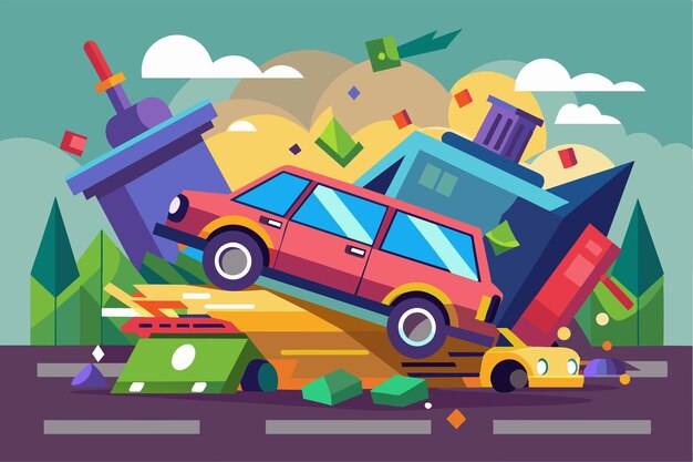 Vector a chaotic car crash occurs involving multiple vehicles surrounded by colorful debris and trees capturing the moment of impact on a city street